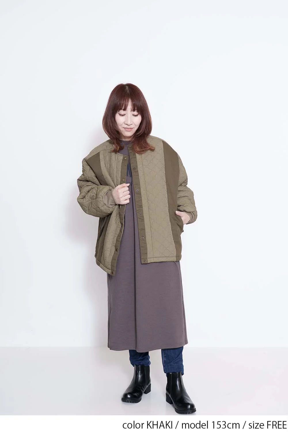 キルティングツイル切替ノーカラーブルゾン - Image 3