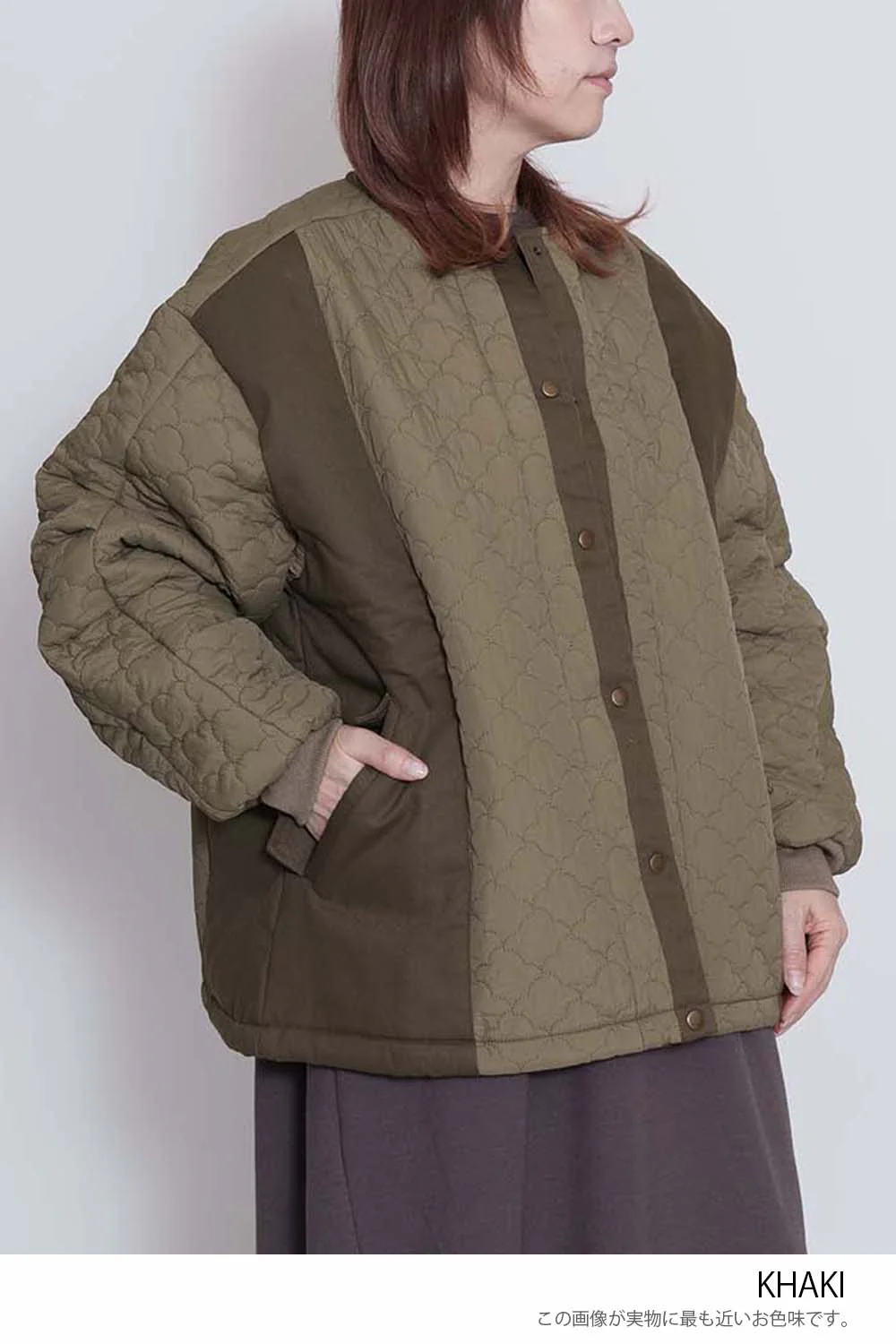 キルティングツイル切替ノーカラーブルゾン - Image 32