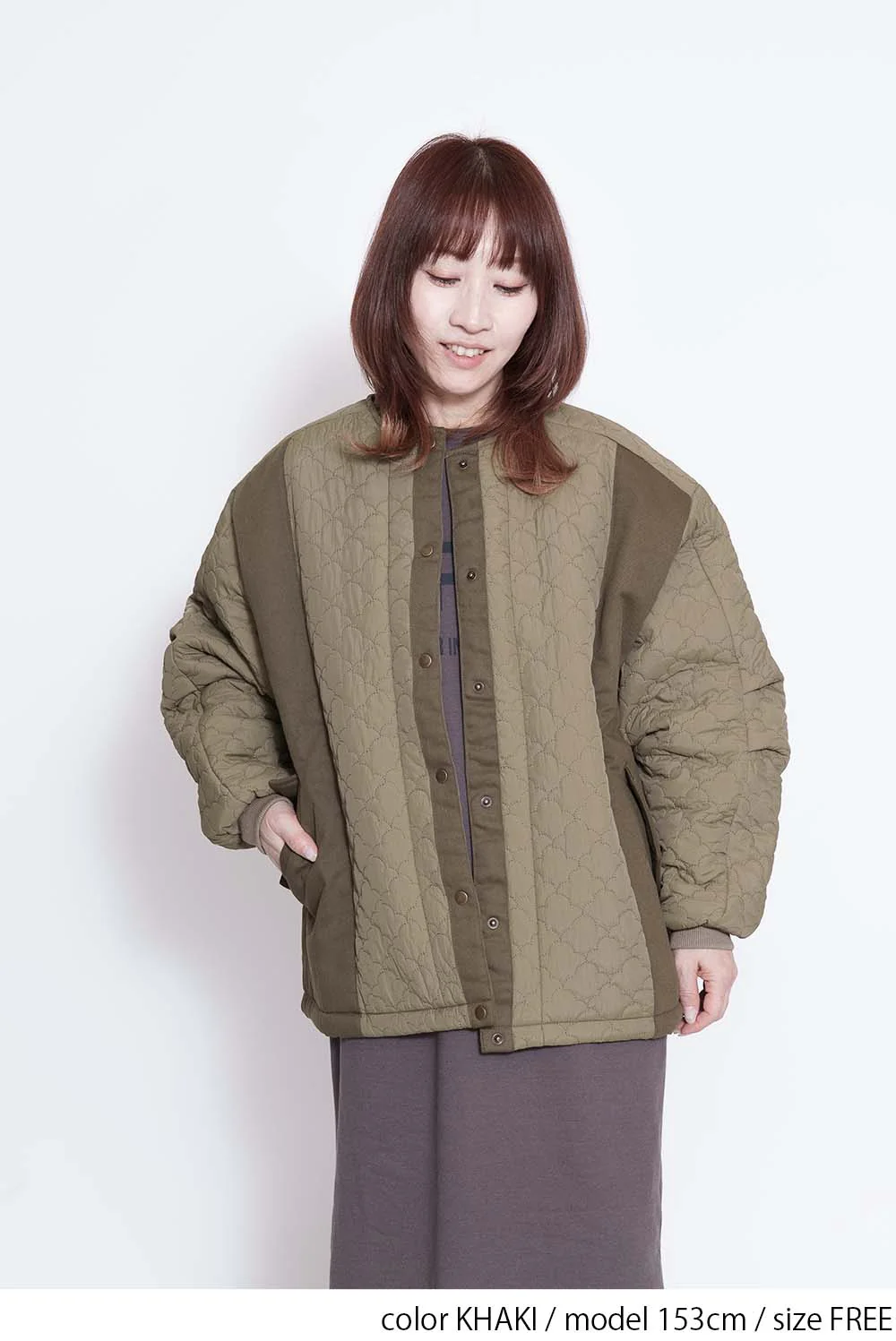 キルティングツイル切替ノーカラーブルゾン - Image 6