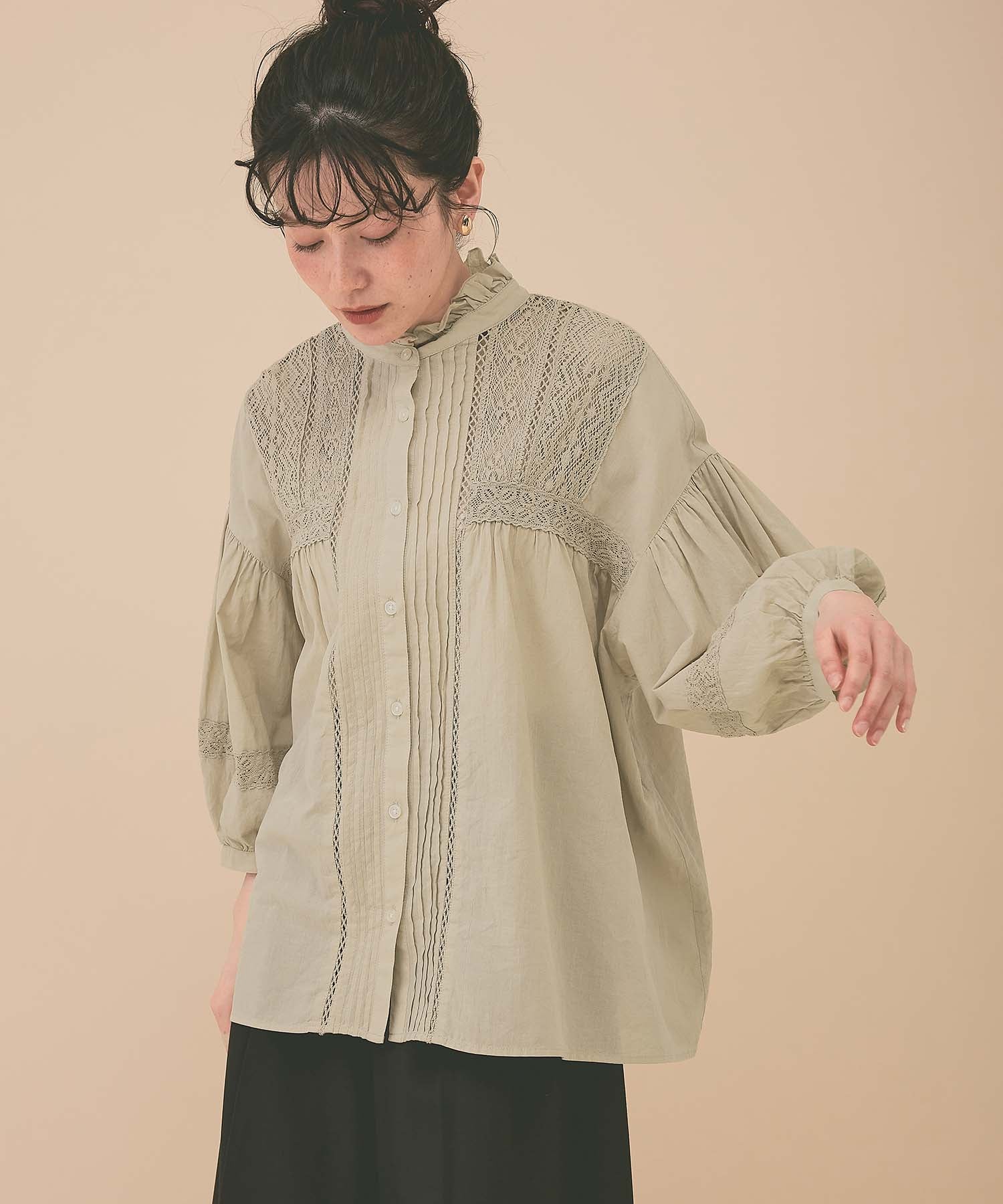 ピンタックレース切換ブラウス - Image 3
